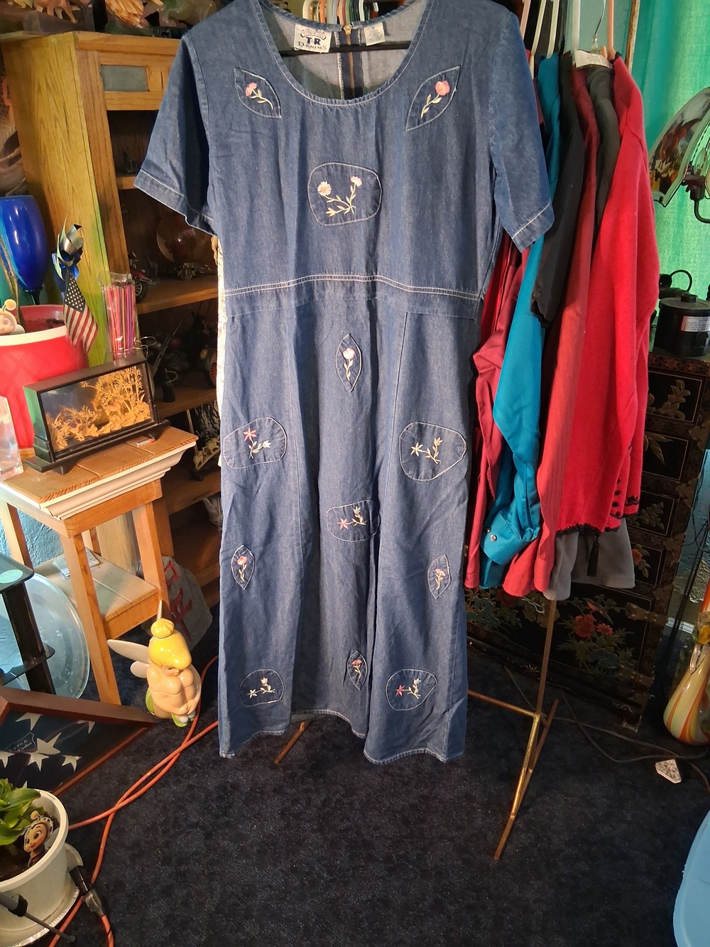 Vintage-Inspired Blue Denim Embroidered Maxi Dress